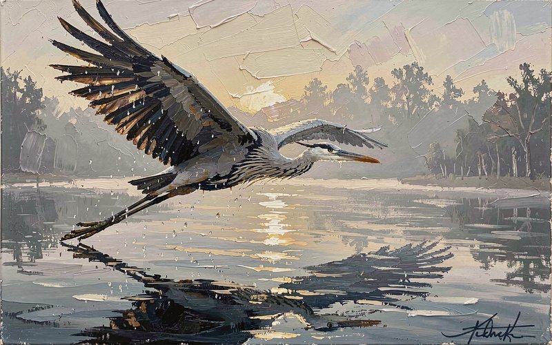 [Impasto oil painting of a great blue heron taking flight over calm wetland waters at hazy sunrise.]
