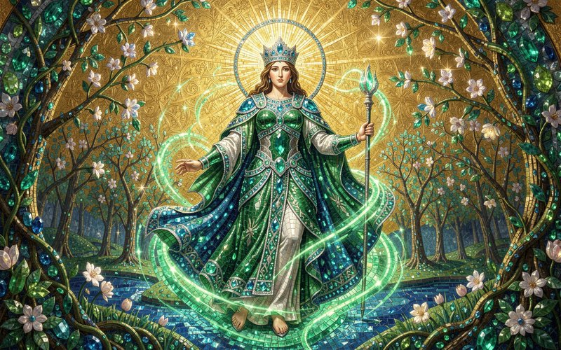 Ornate mosaic illustration of crowned nature goddess with glowing golden halo, emerald regalia, holding a staff in an
