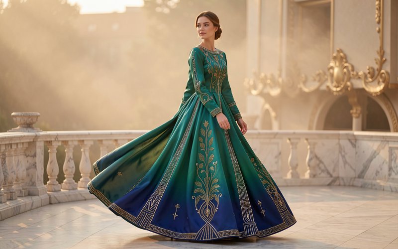 [Poised woman in an ornate gradient emerald-to-navy embroidered gown stands on a marble palace balcony in hazy golden suns...