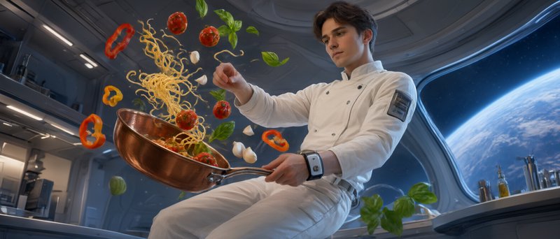 Chef cooks floating pasta in zero gravity inside a space station kitchen overlooking planet Earth.