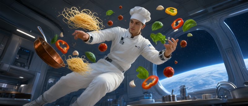 [Zero gravity space chef floating in a station kitchen with levitating pasta, produce, cookware, and Earth visible through...