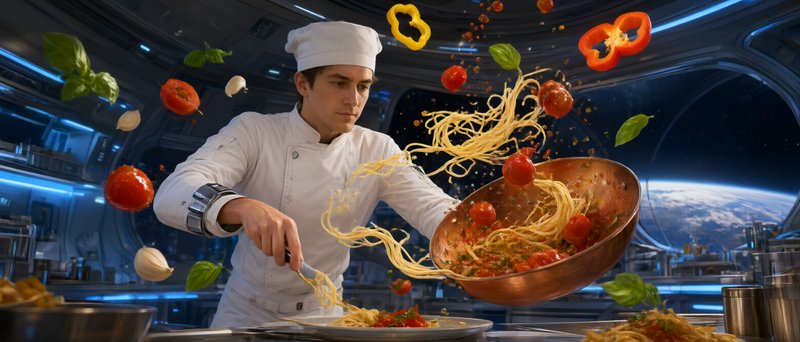 [Chef prepares weightless floating spaghetti in a futuristic spaceship kitchen, with Earth visible through the station win...