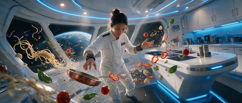 [Female chef cooks floating zero-gravity food in a futuristic space station kitchen, Earth visible through observation win...