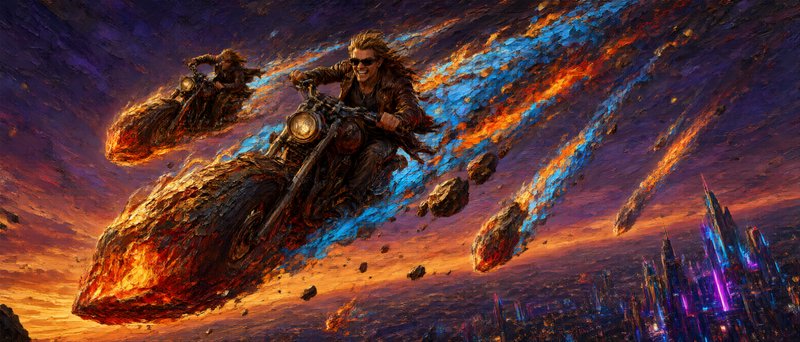 Impasto fantasy art of leather-clad bikers riding flaming meteor motorcycles streaking above a neon futuristic city at sun...