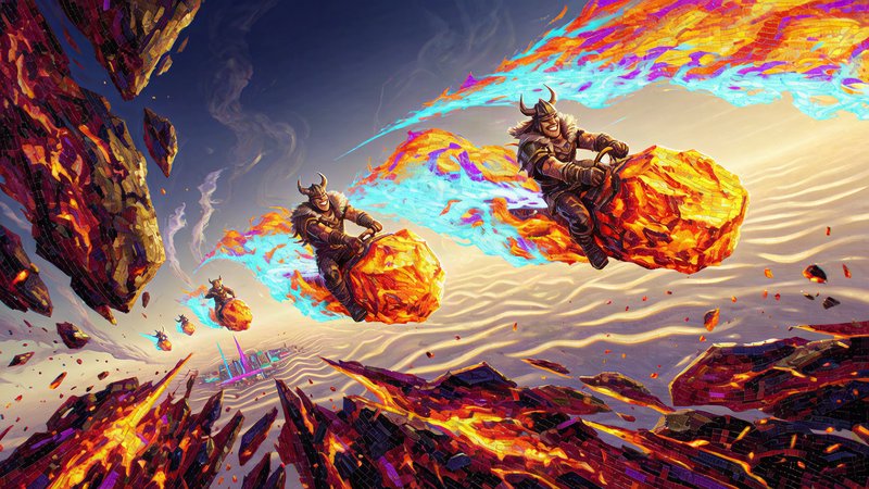 Cinematic explosive Meteor Rider artwork, low angle dynamic action shot: fearless viking riders leaning forward with wild determined grins, surfing jagged blazing meteors streaking at extreme hypersonic speed. Thick roiling plasma trails burn electric cyan and magma orange, showering burning molten rock debris. Tiny glowing neon city spires glow thousands of feet far below through wavy atmospheric heat haze, during twilight atmospheric descent. Rendered as abstract heavy textured byzantine mosaic tiled impasto, thick raised palette knife paint texture, deep gold, crimson, obsidian and electric violet color palette, dramatic backlit rim lighting, sharp high contrast edges, 4K fine detail, bold graphic expressionist influence, dramatic vertigo inducing perspective.