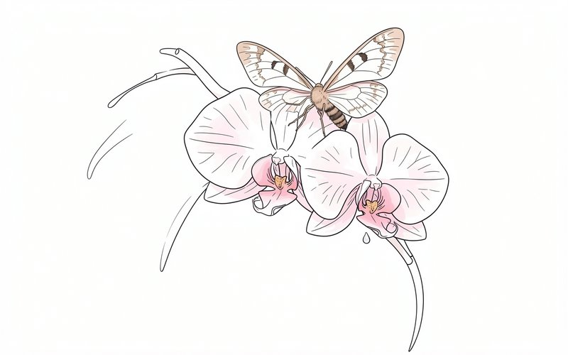 [Minimalist line art illustration of a striped moth resting on soft pale pink phalaenopsis orchid blooms on a plain white ...