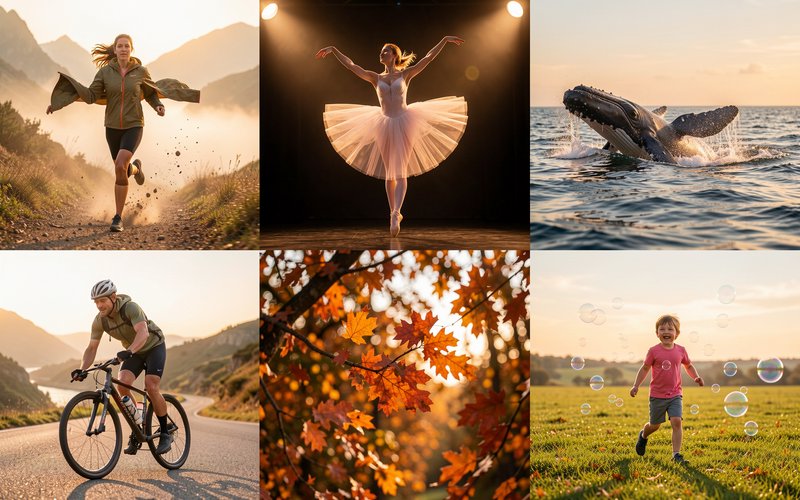 [6-panel golden hour collage of uplifting scenes: trail runner, ballerina, breaching whale, cyclist, autumn leaves, and ch...