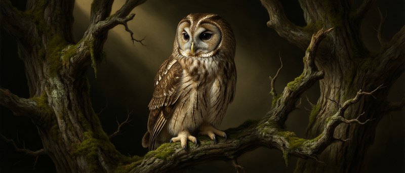 [Tawny owl perched on mossy gnarled tree branch, lit by dramatic warm light against a dark moody forest backdrop]