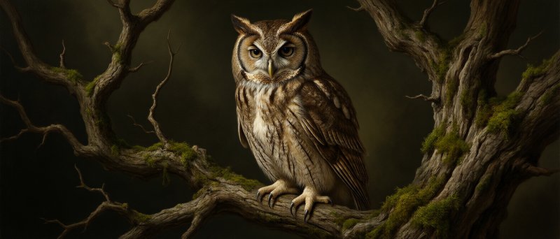 [Patterned eared owl perched on a mossy gnarled tree branch, staring directly at the viewer against a dark moody forest ba...