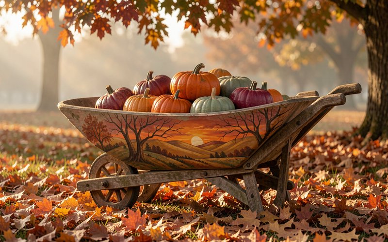Photorealistic wide shot of a weathered oak wheelbarrow overflowing with plump heirloom pumpkins in burnt orange, deep crimson, and dusty sage green, resting on a bed of crisp maple leaves. The wheelbarrow’s curved wooden sides are hand-painted with a soft autumn scene: rolling golden hills, bare oak branches, and a smoldering orange sunset. Side-angle eye-level framing, golden hour late afternoon light filtering through overhead maple trees, casting long dappled shadows. Textures: rough weathered wood grain, glossy pumpkin skin, dry crinkled leaf edges. Muted warm autumn color palette, soft atmospheric haze, 4K ultra-detailed, sharp focus, warm cozy mood.