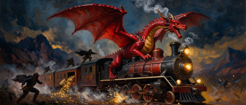 Fierce red dragon perched on a steam locomotive during a chaotic wild west gold train robbery, stormy mountains in the