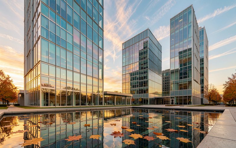 Modern glass office towers reflected in a calm pool dotted with autumn maple leaves at golden hour sunset