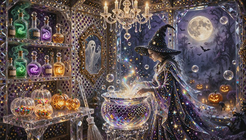 [Bedazzled sparkly witch stirs glowing crystal cauldron in ornate magical Halloween potion room with full moon forest view]