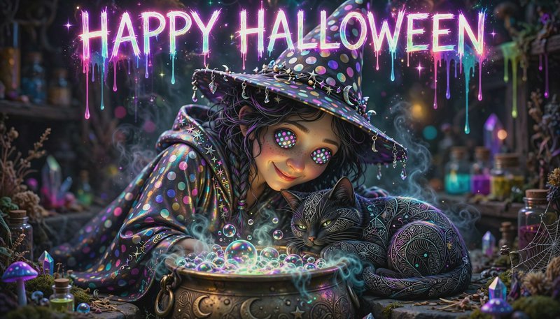 [Whimsical iridescent witch and patterned black cat lean over a bubbling cauldron, below dripping neon "Happy Halloween" t...