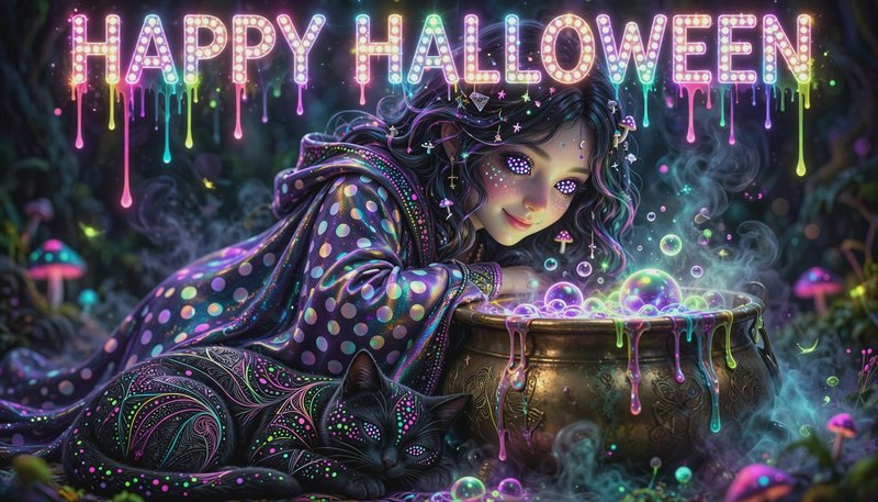[Neon 'Happy Halloween' illustration of a young witch, magical black cat, and bubbling cauldron in an enchanted mushroom f...