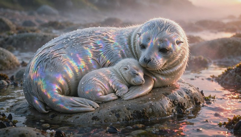 Iridescent mother seal rests with her sleeping baby pup on a rocky tide pool shore at hazy golden sunset.