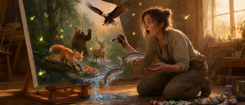 Surprised female artist stares as forest wildlife and water come alive from her landscape painting in a sunlit art studio