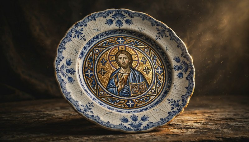 Antique crackle-glaze ceramic plate with central Jesus Christ Pantocrator mosaic, blue Delft flor...