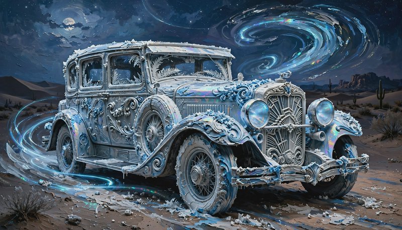 Ornate frost-covered Art Deco vintage sedan sits in a desert beneath a swirling cosmic moonlit ni...