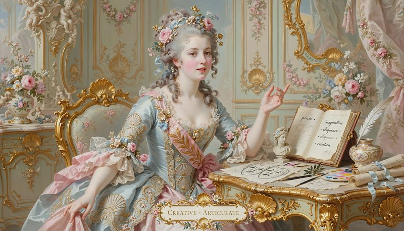 Ornate Rococo portrait of a powdered 18th century noblewoman seated at a gilded writing desk in a...