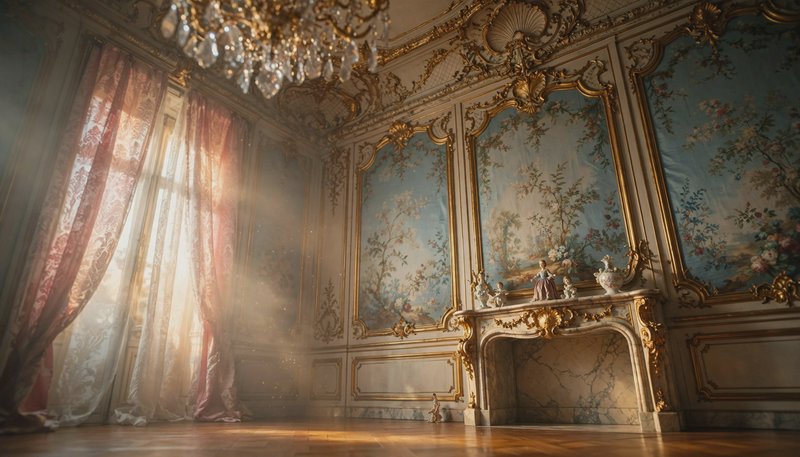 Sunlit opulent Rococo palace salon with gilded trim, crystal chandelier, floral wall panels, and ...