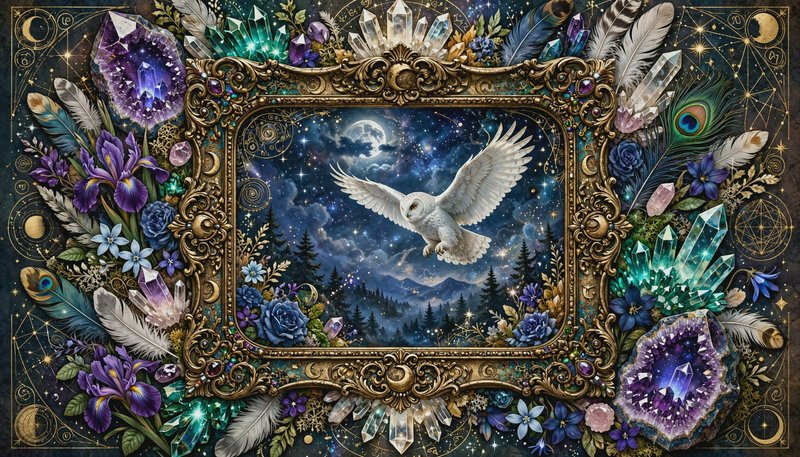 Ornate gilded frame displays a flying snowy owl over moonlit forest, surrounded by crystals, flow...