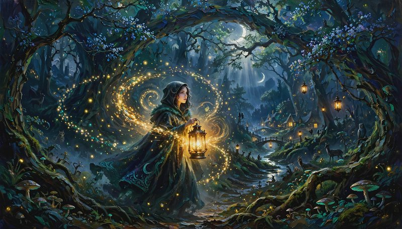 Hooded magical wanderer holding a glowing lantern stands amid swirling golden magic in a moonlit ...