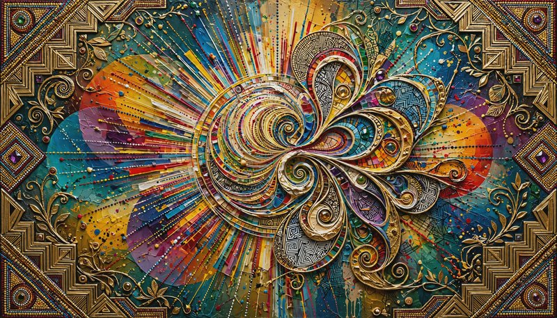 Ornate symmetrical gilded spiral mandala with rainbow radial sunburst rays, jeweled accents and g...