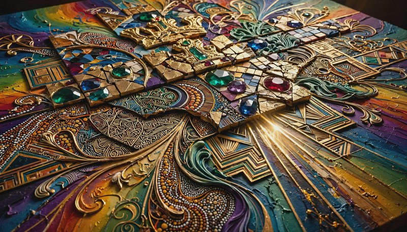Textured mixed media artwork with golden filigree, embedded gemstones, crown motifs, and vibrant ...