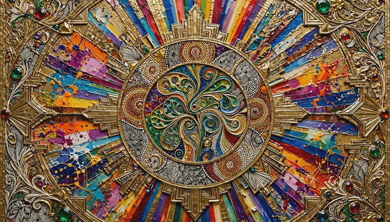 Ornate symmetrical art deco mandala with gilded filigree borders, bright rainbow radial sunburst ...