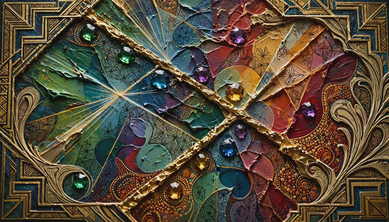 Ornate art deco textured mixed media artwork with gilded gold lines, embedded faceted gemstones, ...
