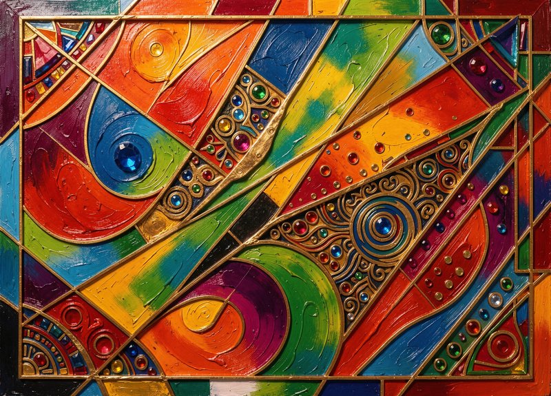 Colorful abstract geometric painting with gold outlines, faceted jewel accents, and impasto textu...