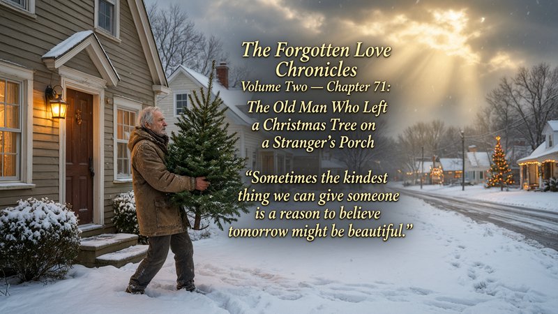 Older man carries a fresh Christmas tree through a snow-covered small town street, inspirational ...