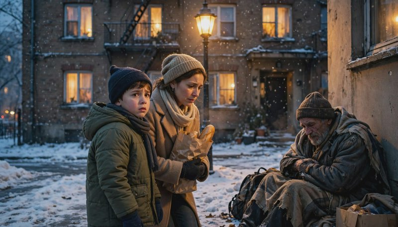 Woman and young child holding bread pause to look at an elderly unhoused man on a snowy winter ci...