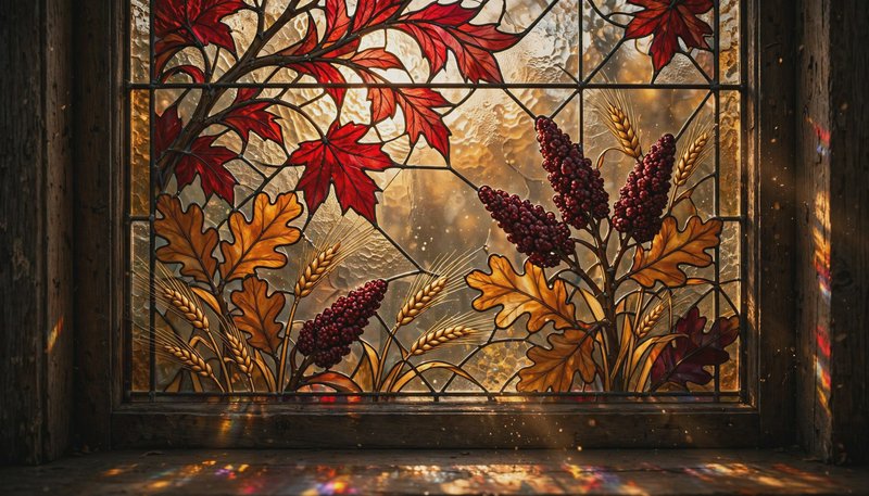 Sunlit autumn harvest stained glass window with red maple leaves, golden oak foliage, wheat stalk...
