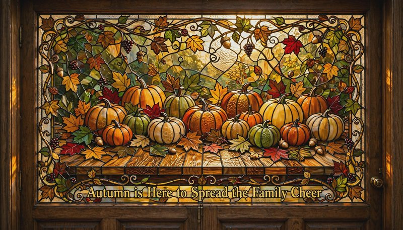 Stained glass front door panel displaying a harvest still life of pumpkins, autumn leaves, and th...