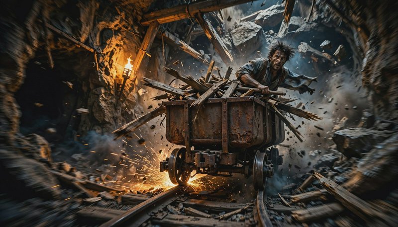 Terrified miner clings to a speeding rusted ore cart escaping a collapsing underground mine as de...