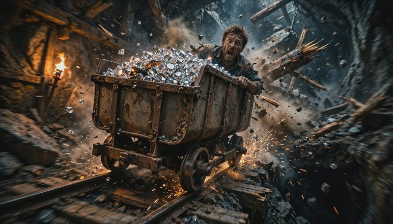 Terrified miner grips a diamond-loaded ore cart speeding down tracks as an underground mine colla...
