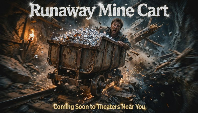 Runaway Mine Cart movie poster, panicked miner clinging to a speeding gem-filled mine cart inside...