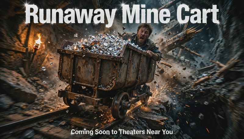 Runaway Mine Cart movie poster showing a panicked miner clinging to a gem-laden speeding cart thr...