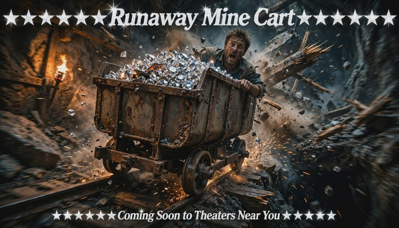 Dramatic action movie poster showing a panicked miner clinging to a runaway diamond mine cart in ...