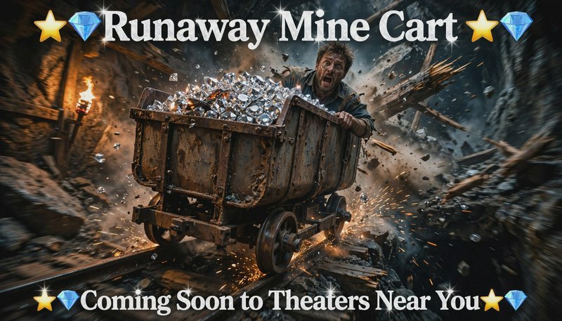 Promotional "Runaway Mine Cart" movie poster showing a panicked miner clinging to a speeding gem-...