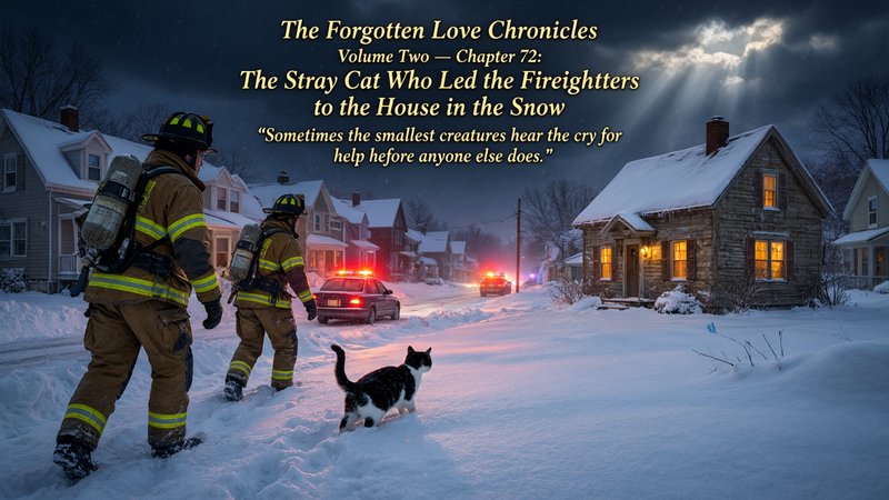 Tuxedo stray cat leads two firefighters through deep snow toward a lit cottage on a dark winter n...