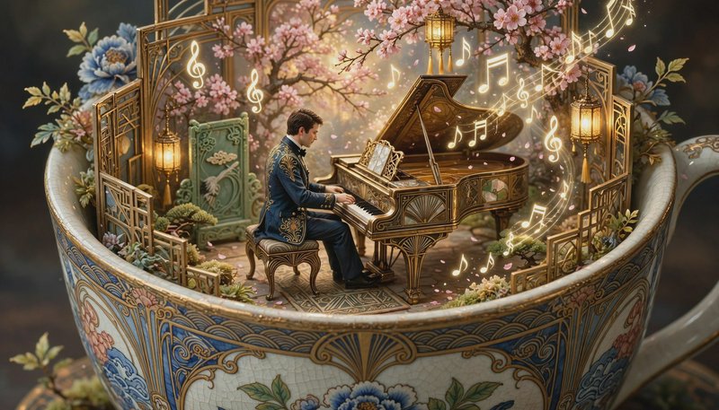 Miniature pianist plays gilded grand piano inside an ornate teacup diorama, with glowing musical ...