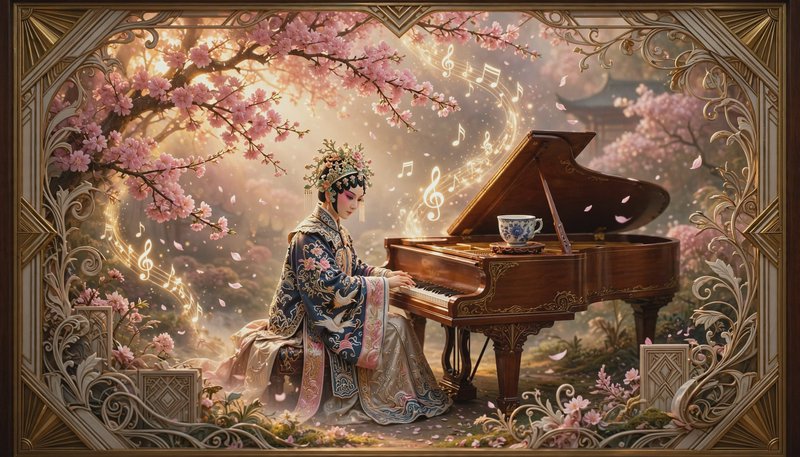Ornate framed fantasy art of a Chinese opera performer playing grand piano under blooming cherry ...