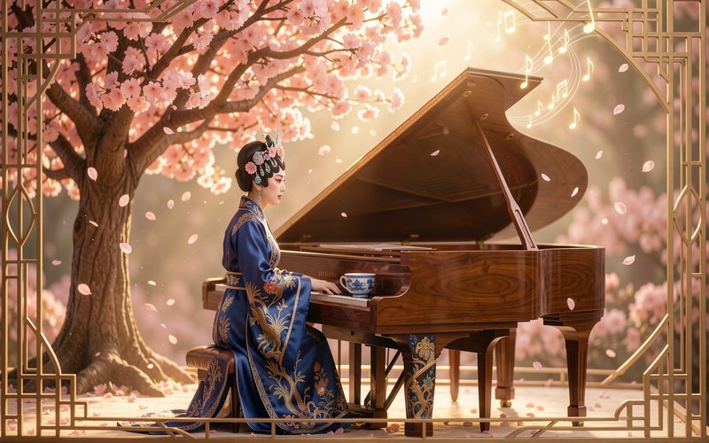 Elegant woman in embroidered traditional blue East Asian robe plays grand piano beneath blooming ...