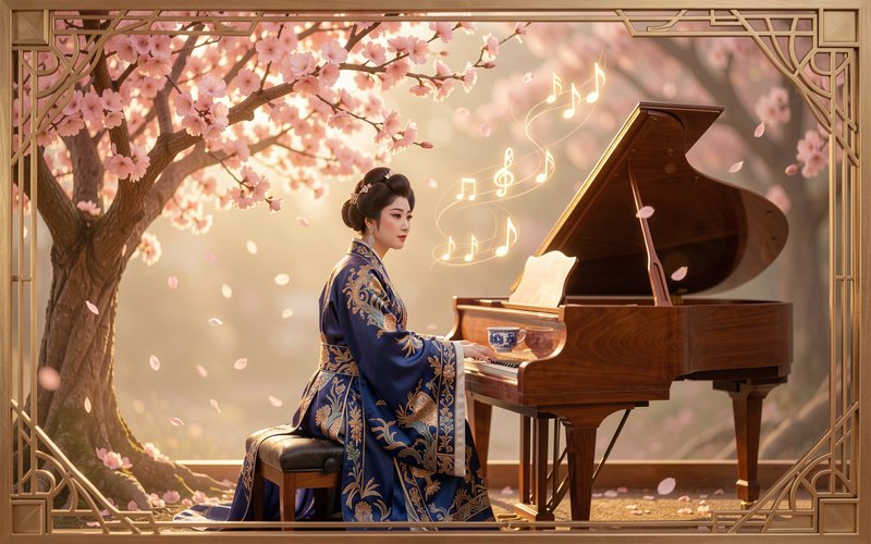 Elegant woman in embroidered traditional East Asian robe plays grand piano under pink cherry blos...