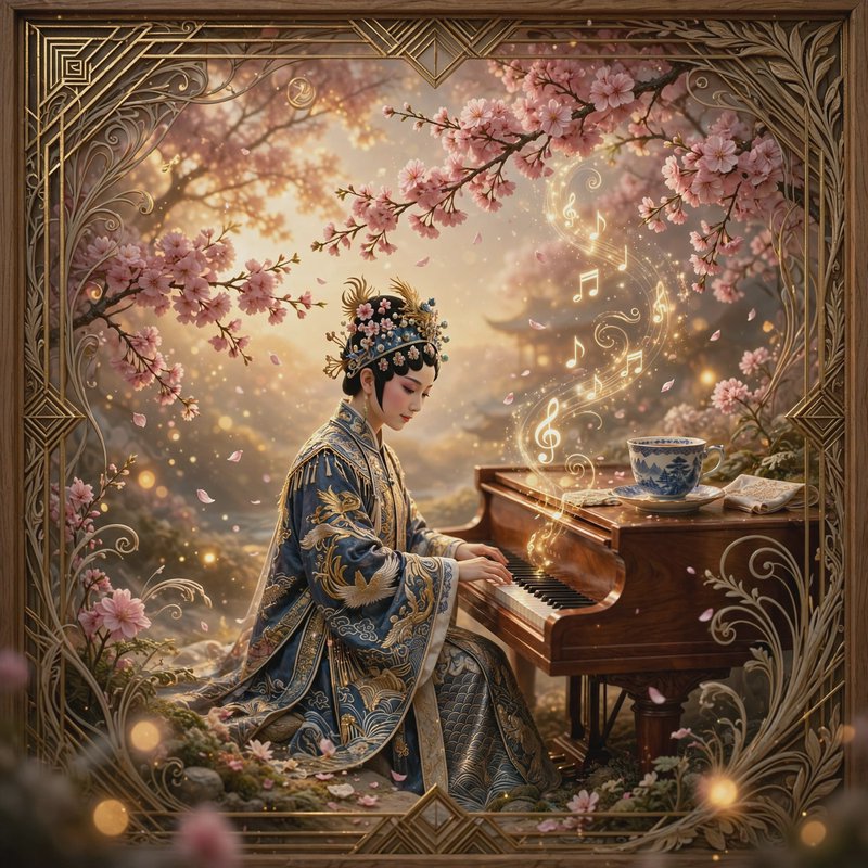 Ornate framed fantasy art of a Chinese opera performer playing grand piano beneath pink cherry bl...