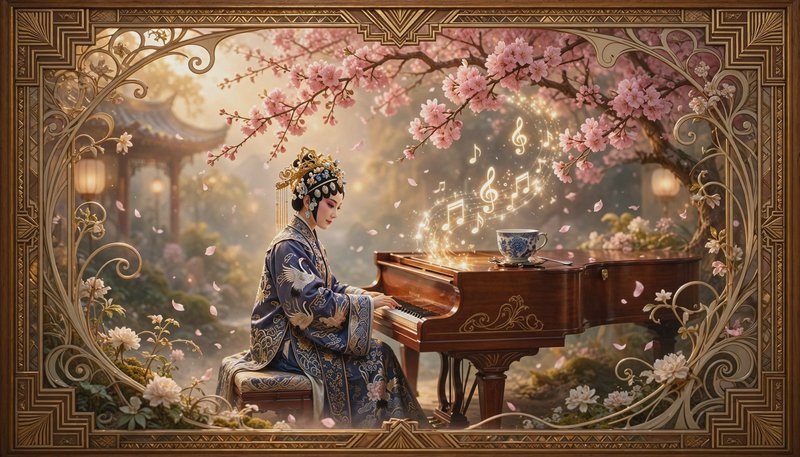 Ornate framed fantasy art of a Chinese opera performer playing grand piano under pink cherry blos...