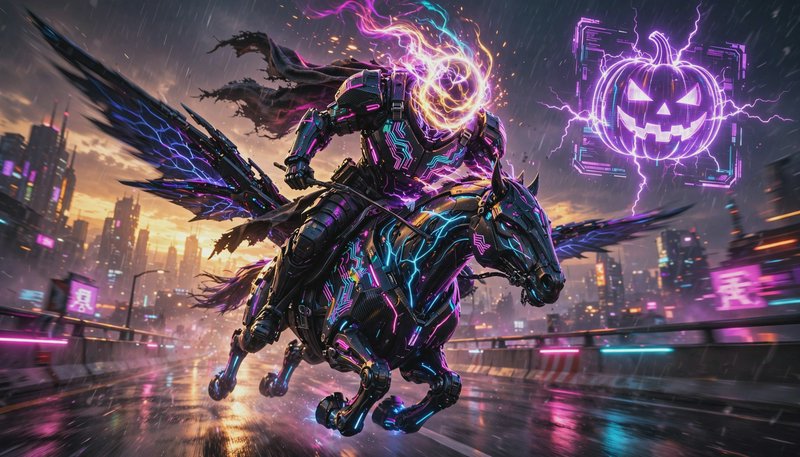 Cyberpunk headless energy knight rides mechanical winged horse across rainy neon city road, with ...
